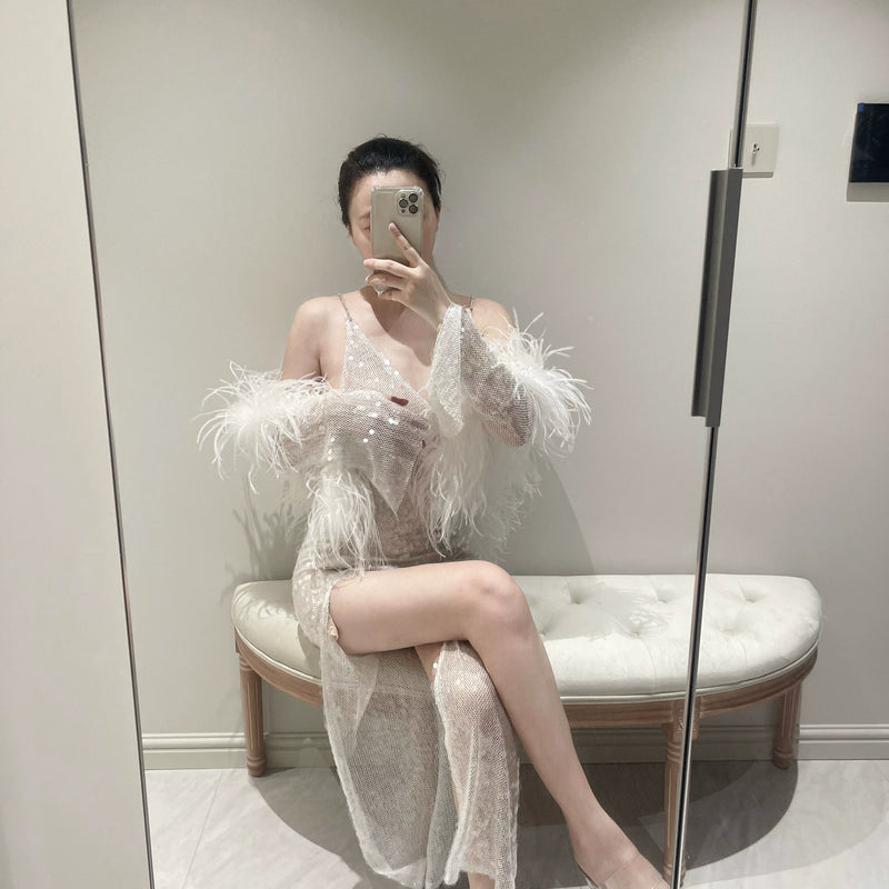 Muse Micro Transparent Crystal Sequins Ostrich Hair Sleeves High Slits Long Skirt Set Light Wedding Dress Skirt