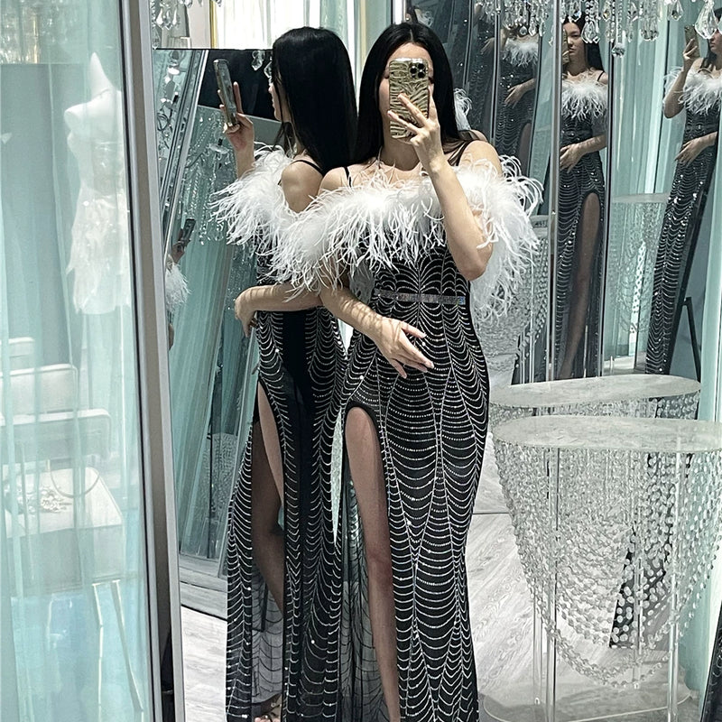 Full Body Hot Diamond Luxury Heavy Industry Ostrich Feather Feather, Extravagant Evening Dress Birthday Dress