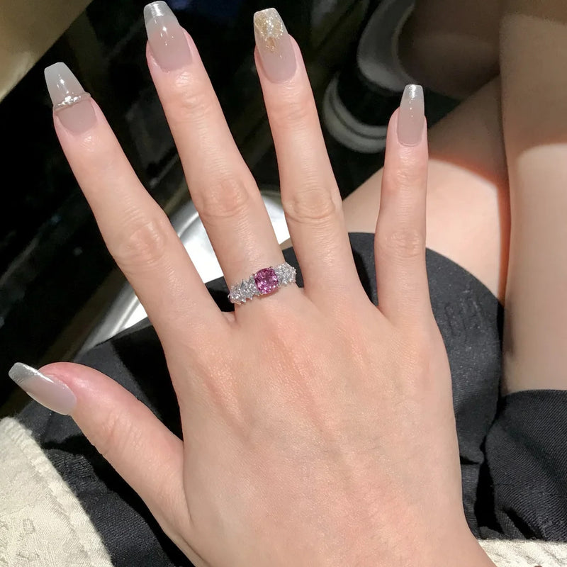 Premium T square diamond inlaid pink princess square ring exquisite light luxury simple versatile high carbon diamond women's ring diamond ring