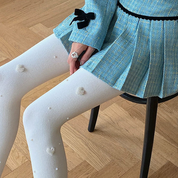Fashion original niche design pearl love Japanese jk white pantyhose women's milk white leggings