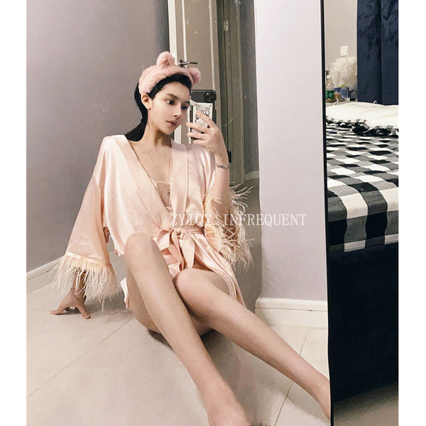 French niche design lady gentle and sexy suspender nightdress set satin temperament feather nightgown loungewear women