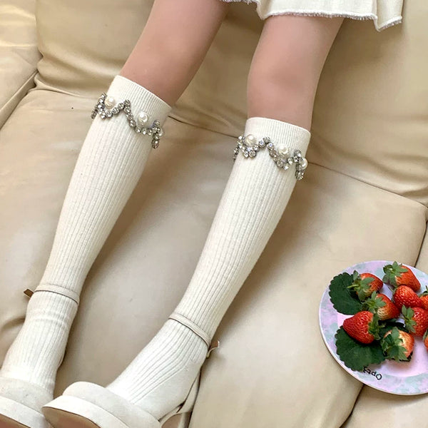 Fashion White Calf Socks Dongdaemun Stacked Socks Rhinestone Pearl Socks Grey Stacking Socks Girls