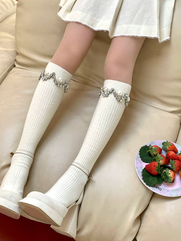Fashion White Calf Socks Dongdaemun Stacked Socks Rhinestone Pearl Socks Grey Stacking Socks Girls