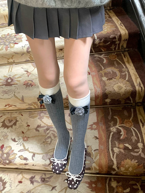 Fashion niche, design European small fragrant style bow non-removable camellia calf socks medium tube socks