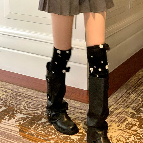 Fashion niche, knitted pearl big bow luxury exaggerated rhinestone thin vertical strip ballet knee socks