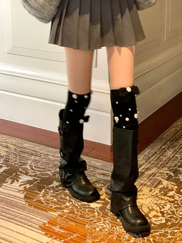 Fashion niche, knitted pearl big bow luxury exaggerated rhinestone thin vertical strip ballet knee socks