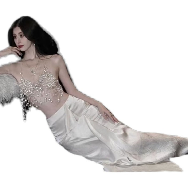 Pure desire heavy industry fairy neck big halter vest niche design high-end satin irregular long dress fashion suit