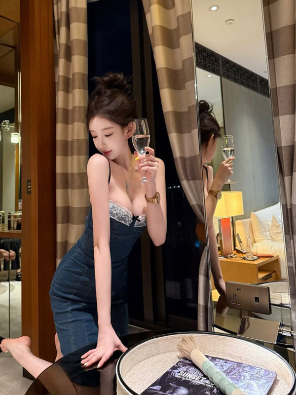 Pure Desire Wind Sexy Hot Girl Lace Splicing Strap Dress for Women in Summer Pure Sensation Slim Fit Waist Cowboy Bag Hip Skirt