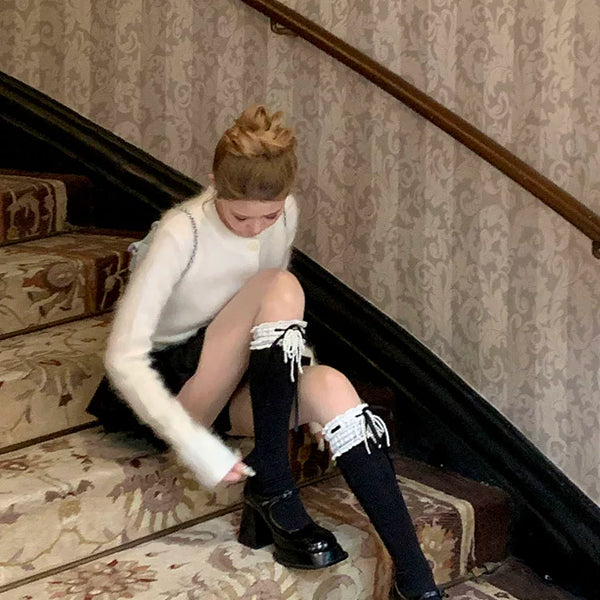 Fashion Sweet Lace Calf Socks Women's Bow Pearl Strap Medium Tube Socks Ballet