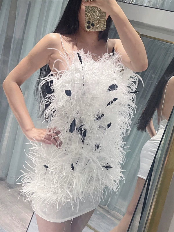 Rich daughter celebrity high luxury, real ostrich hair white swan feathers heavy industry neck slim dress