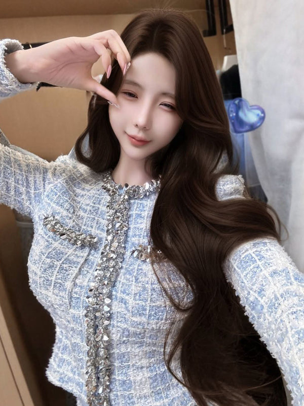 Shuidian Heavy Industry Round Neck Short Knitted Shirt, Two Piece Set for Wealthy Women, Autumn French Gentle Style