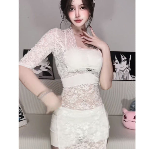 Spicy girl sexy low cut V-neck lace patchwork slit mid length long skirt with half sleeves, translucent temperament base, tea break dress