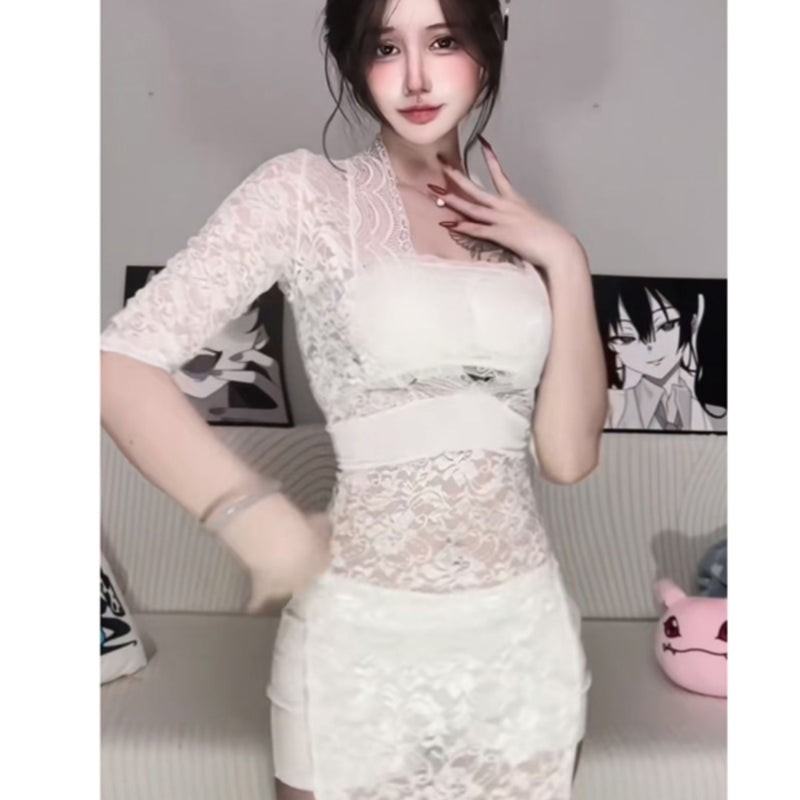 Spicy girl sexy low cut V-neck lace patchwork slit mid length long skirt with half sleeves, translucent temperament base, tea break dress