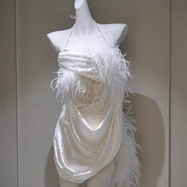 Ostrich hair acetic acid satin neck lace French fairy evening dress dress