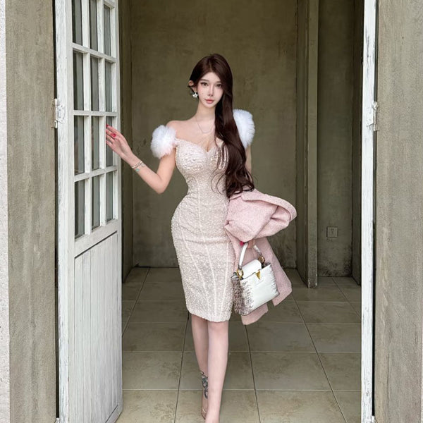 Qianjin Feng furry heavy industry conglomerate pearl dress little princess furry shoulder fashionable small dress enchanting