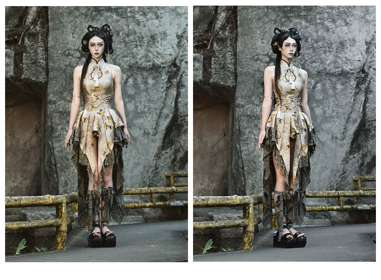 New Chinese style disc buckle jacquard lace trailing skirt Christmas