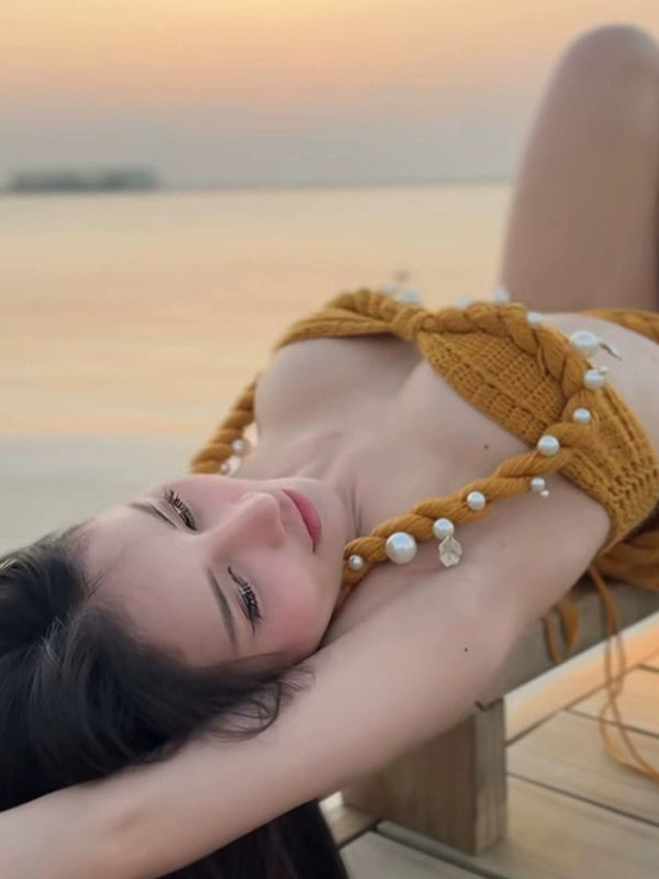 Beach Pure Desire Heavy Industry Pearl Split Bikini Suit Conservative Skirt Knitted Neck Vacation Gathering Swimsuit