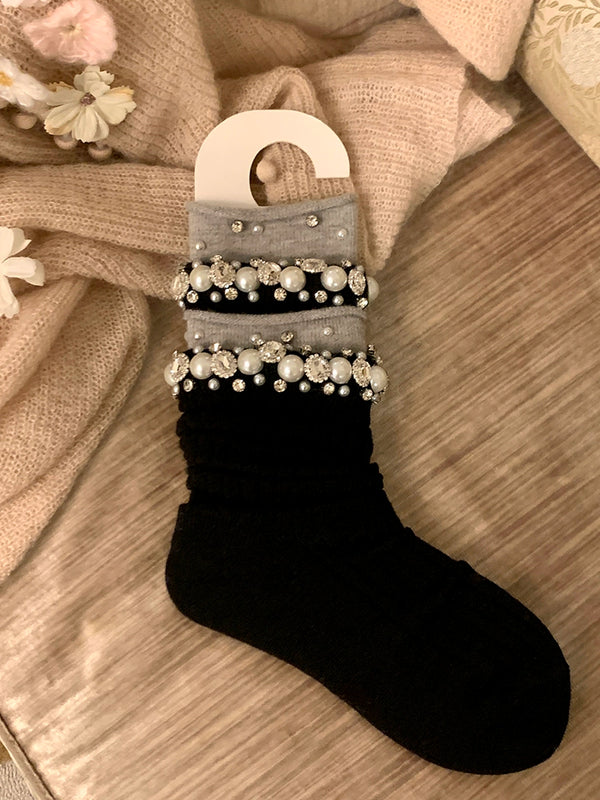 Fashion niche women's pearl rhinestone socks women's medium tube thickened stockpile socks autumn and winter calf socks