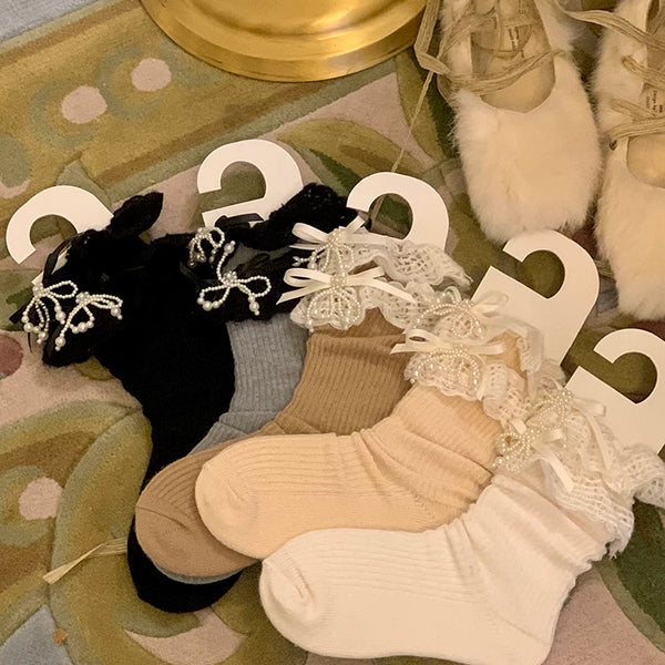 Fashion niche three-dimensional crystal bow socks women's red striped long tube jk lolita calf socks