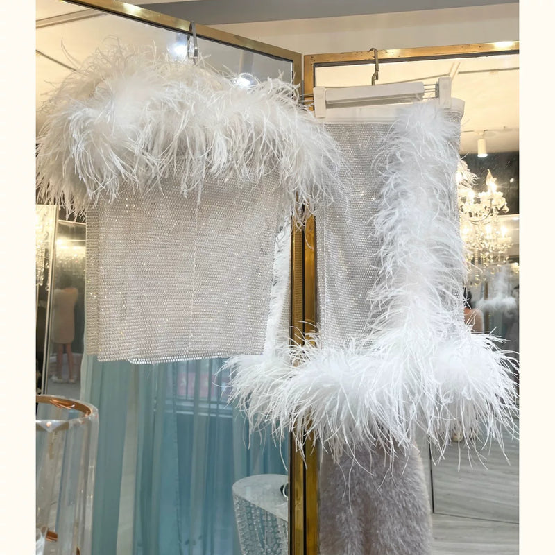 Mint blue-green haute couture heavy industry one-word collar rhinestone feathers ostrich hair tube top