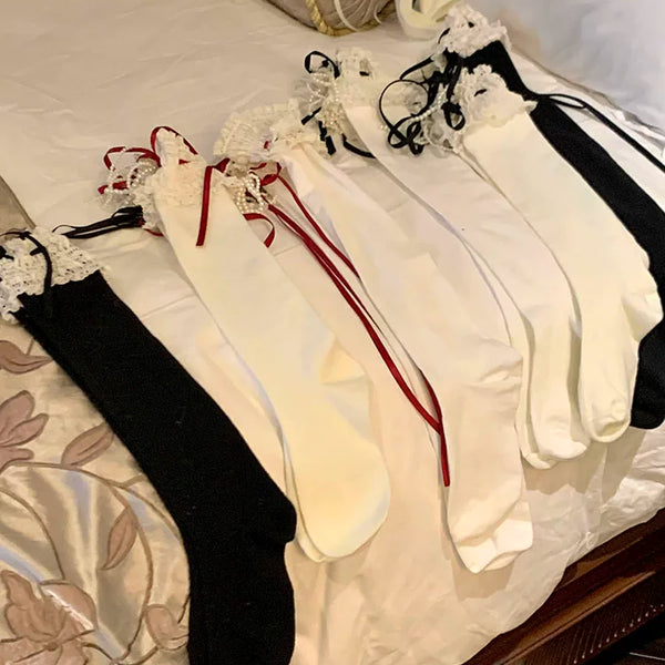 Fashion Sweet Lace Calf Socks Women's Bow Pearl Strap Medium Tube Socks Ballet