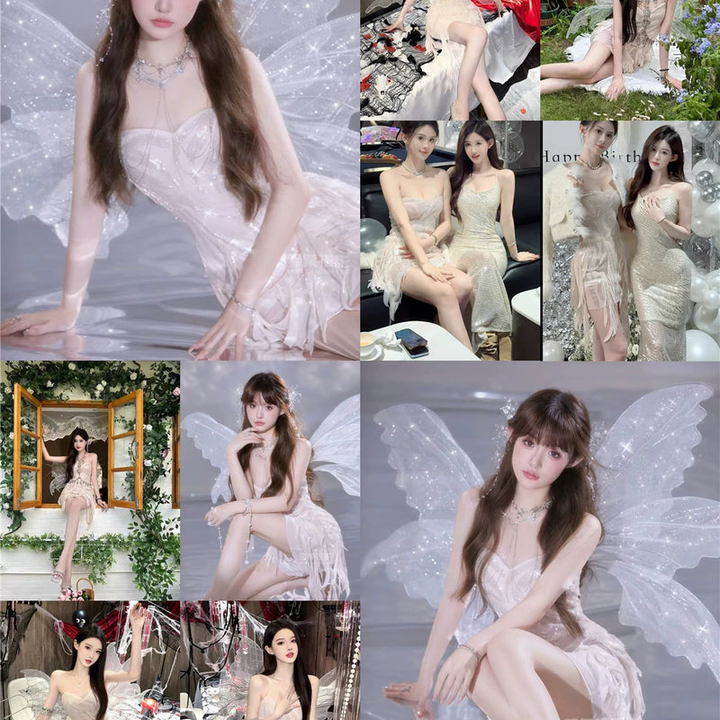 The skin is as cold as ice and the bones are as clear as a river |   Handmade custom sparkling irregular strapless gown with fairy wings