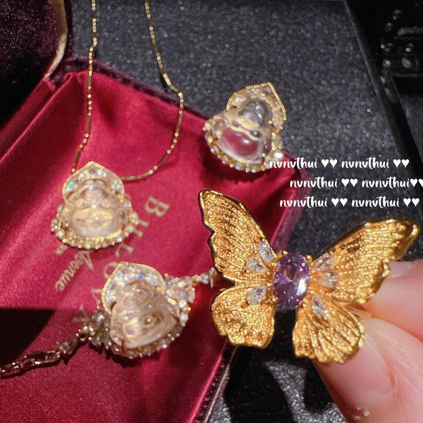 Ancient gold ice transparent water foam jade big belly Buddha necklace New Chinese yellow diamond Buddha necklace zircon bracelet ring