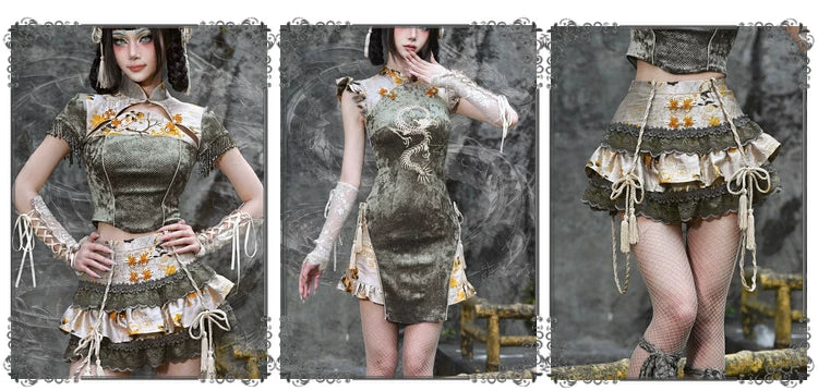 New chinoiserie jacquard snake print slimming tassel short sleeve cheongsam tops christmas halloween