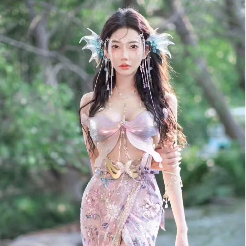 Fairy mermaid pink butterfly bustier beaded chain bra bandeau top sequin skirt handmade