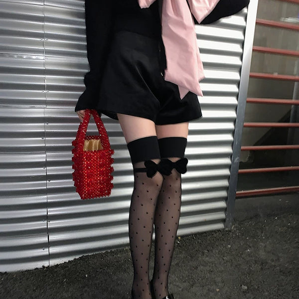 Fashion original niche design half barrel polka dot black stockings girl bow versatile bare leg socks artifact