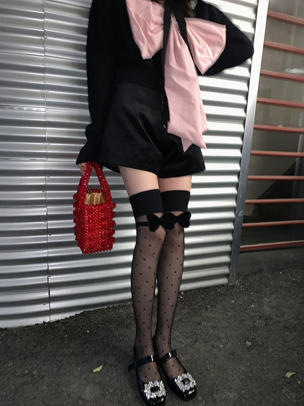 Fashion original niche design half barrel polka dot black stockings girl bow versatile bare leg socks artifact