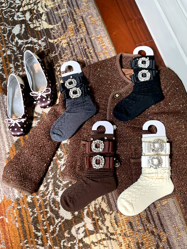 Fashion niche design handmade square rhinestone twist stacking socks versatile medium and high tube sweet beautiful women socks