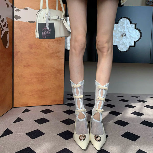 Summer new French light luxury elegant niche women's bow white tube socks