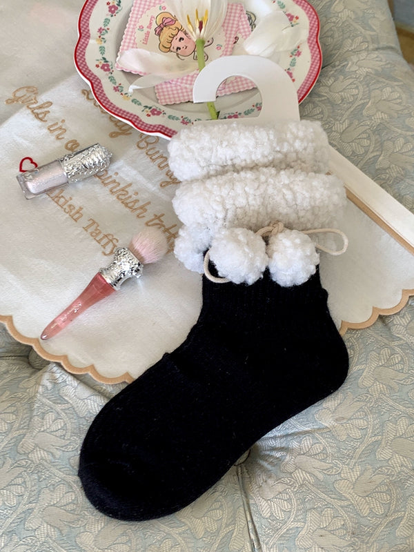 Fashion niche soft waxy lamb wool lace plush ball Lolita girl wool pile socks woman
