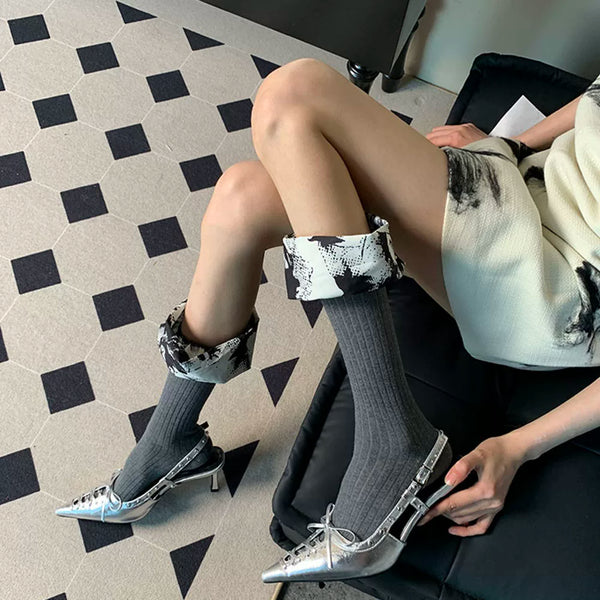 Want to fall into romance~ Summer French romance retro niche women's thin gray-bottomed satin lace calf socks