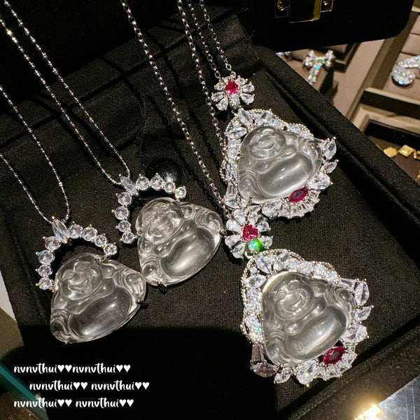 Litchi frozen white jade petal Buddha pendant necklace, new Chinese style ice transparent water foam jade Maitreya Buddha necklace