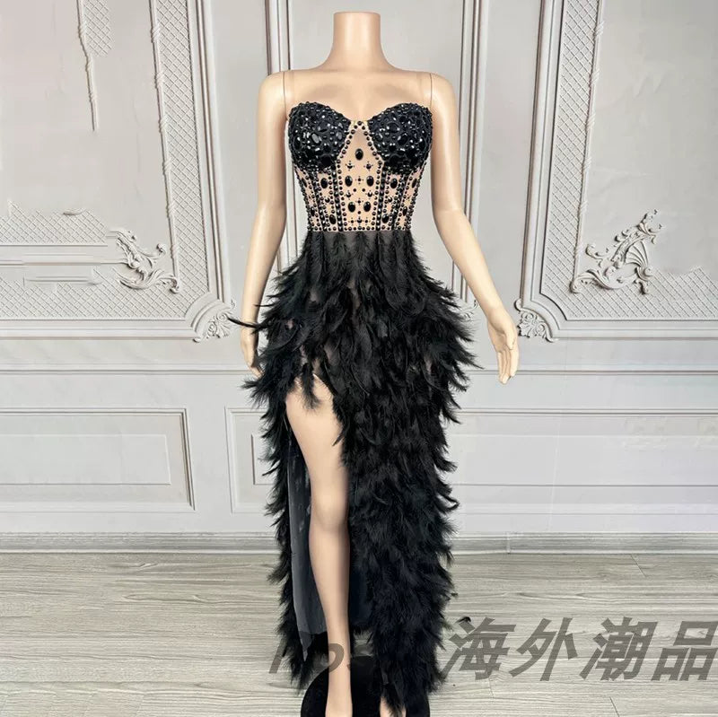 Elegant white swan-inspired feather skirt dress - slimming, rhinestone embellished mini dress for vacation, runway, party, and evening events