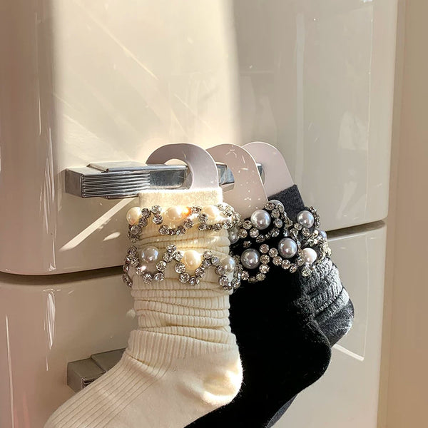 Fashion White Calf Socks Dongdaemun Stacked Socks Rhinestone Pearl Socks Grey Stacking Socks Girls