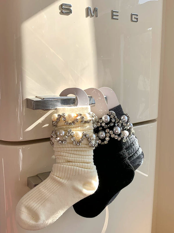 Fashion White Calf Socks Dongdaemun Stacked Socks Rhinestone Pearl Socks Grey Stacking Socks Girls
