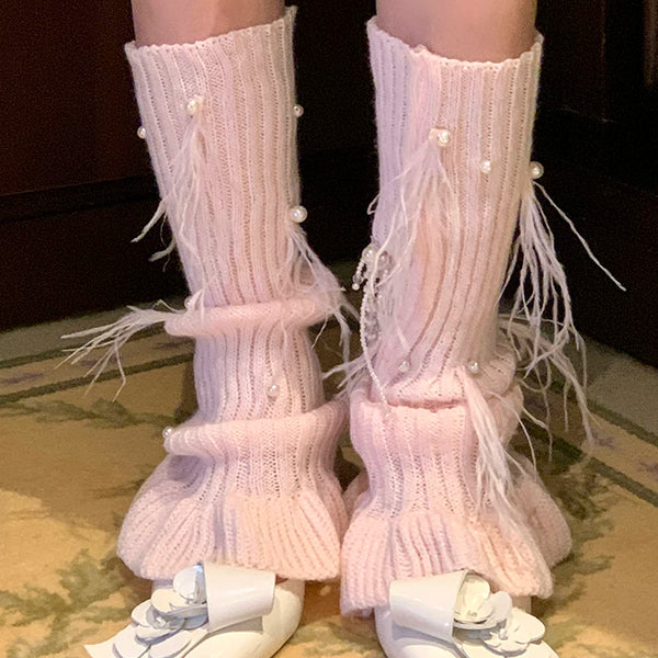 Fashion Sweet Girl Pearl Feather Pile Socks Cover Medium Tube Lolita Socks Knitted Socks Cover