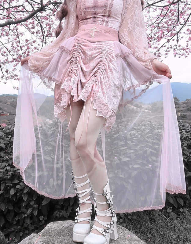 Original ◆ Sakura nightmare romantic gothic design embossed lotus root pink embroidered court half length skirt