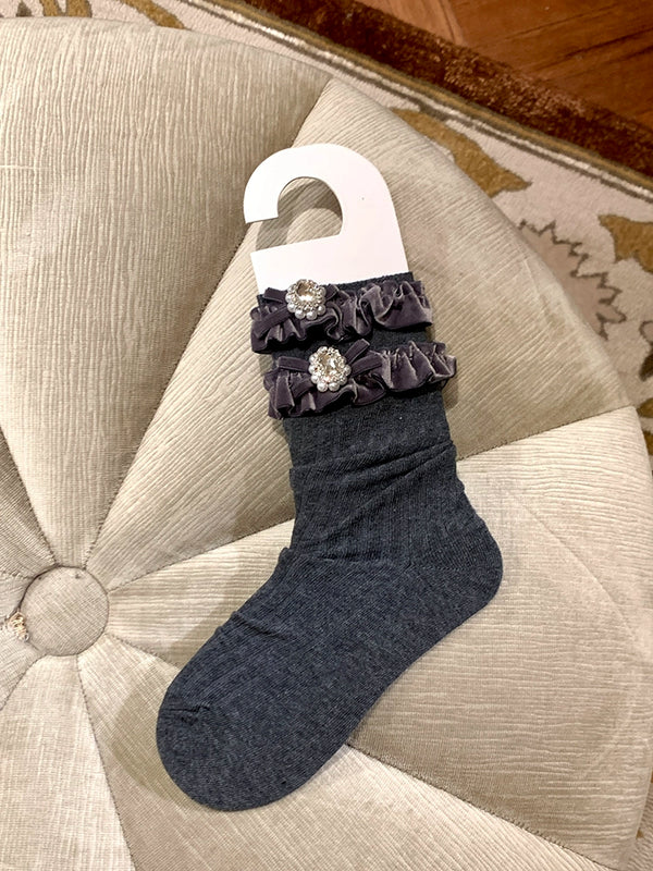 Fashion niche socks women's medium tube gray stacking socks women's autumn and winter pearl lace socks with Birkenstocks