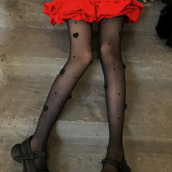 Fashion original niche design love pearl black silk one-piece socks sexy lolita college style stockings