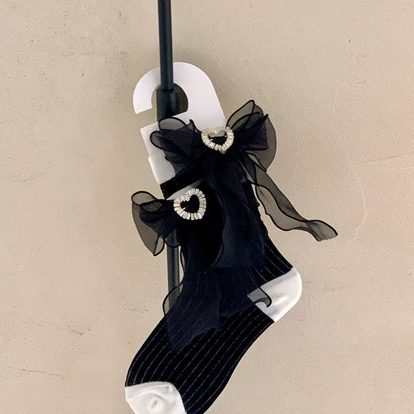 Fashion niche, spring medium tube beads love bow vertical rhinestone cute girl sweet beautiful woman socks