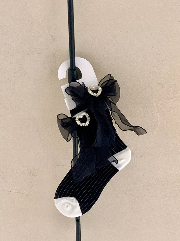 Fashion niche, spring medium tube beads love bow vertical rhinestone cute girl sweet beautiful woman socks