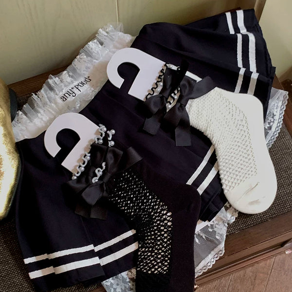 Fashion niche pearl bow edge mesh socks Dongdaemun solid color calf mesh versatile medium tube socks jk