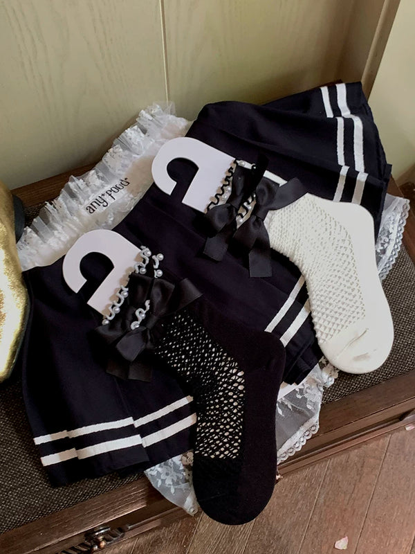 Fashion niche pearl bow edge mesh socks Dongdaemun solid color calf mesh versatile medium tube socks jk