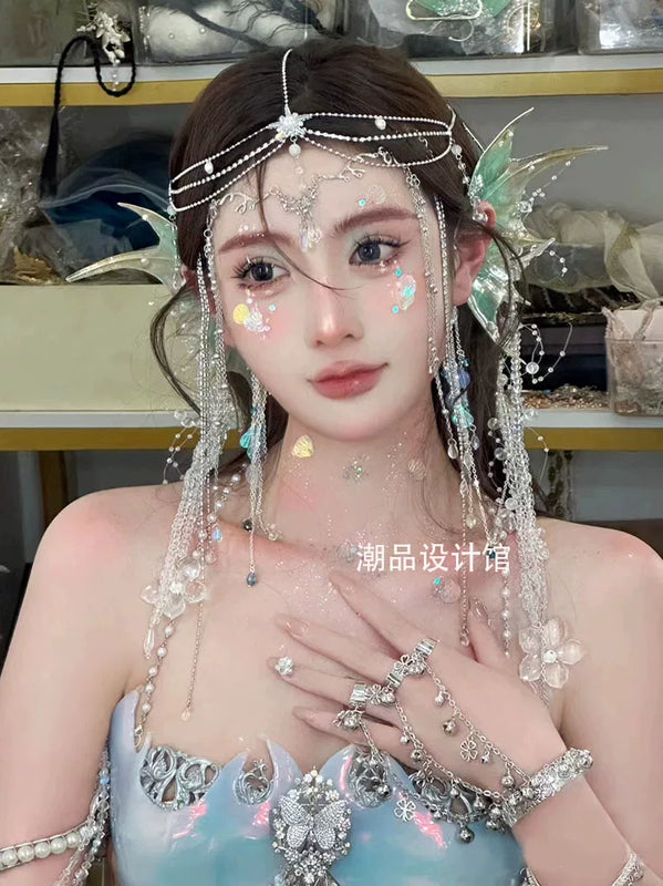 Fairy mermaid pink butterfly bustier beaded chain bra bandeau top sequin skirt handmade