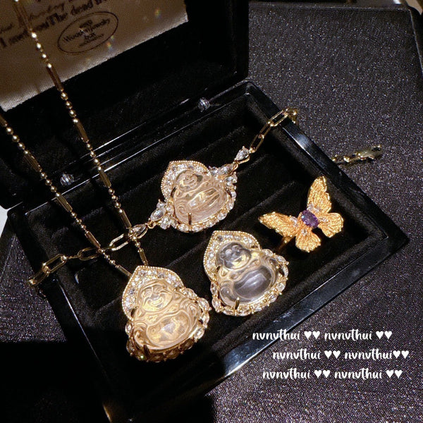 Ancient gold ice transparent water foam jade big belly Buddha necklace New Chinese yellow diamond Buddha necklace zircon bracelet ring
