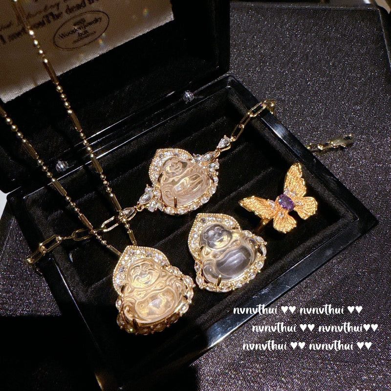 Ancient gold ice transparent water foam jade big belly Buddha necklace New Chinese yellow diamond Buddha necklace zircon bracelet ring